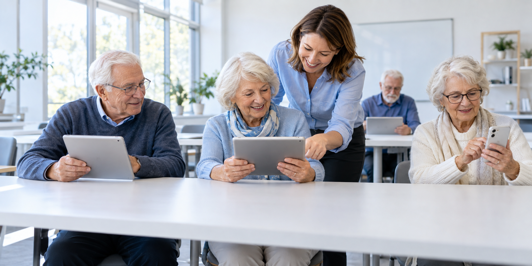 Seniorzy uczą się obsługi smartfonów i tabletów z instruktorem w sali szkoleniowej. Wizualizacja AI.